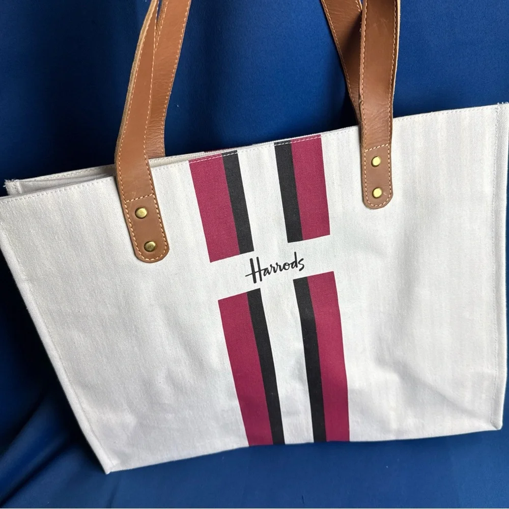 Harrods White Tote with Pink and Black Stripes - Picture 4 of 5